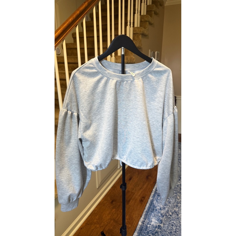 Halara Womens XL Gray Open Back Puff Sleeve Cropped Sweatshirt Active Tie Hem